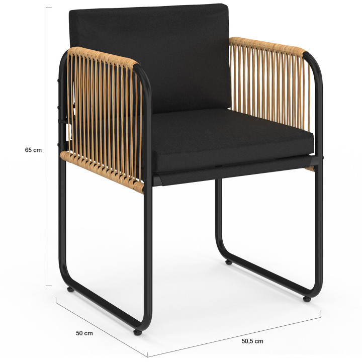 Set di 4 sedie da giardino con struttura in metallo nero, cordoncino effetto rattan chiaro e cuscini neri - RIO | IdMarket