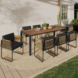 Set di mobili da giardino con tavolo da 190 cm e 8 sedie in metallo nero, corde effetto rattan chiaro e cuscini neri - RIO | IdM