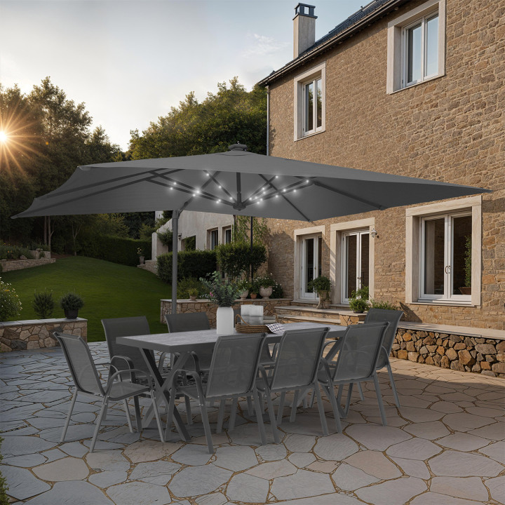 Ombrellone basculante Offset 360 LED 3x4 M grigio con 4 pannelli e copertura - CALVI | IdMarket