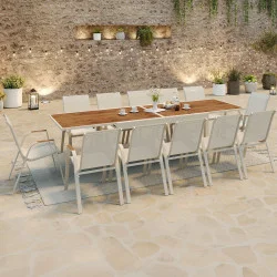 Set di mobili da giardino - tavolo allungabile 135/270 cm con piano in vetro temperato effetto legno e 12 sedie impilabili beige