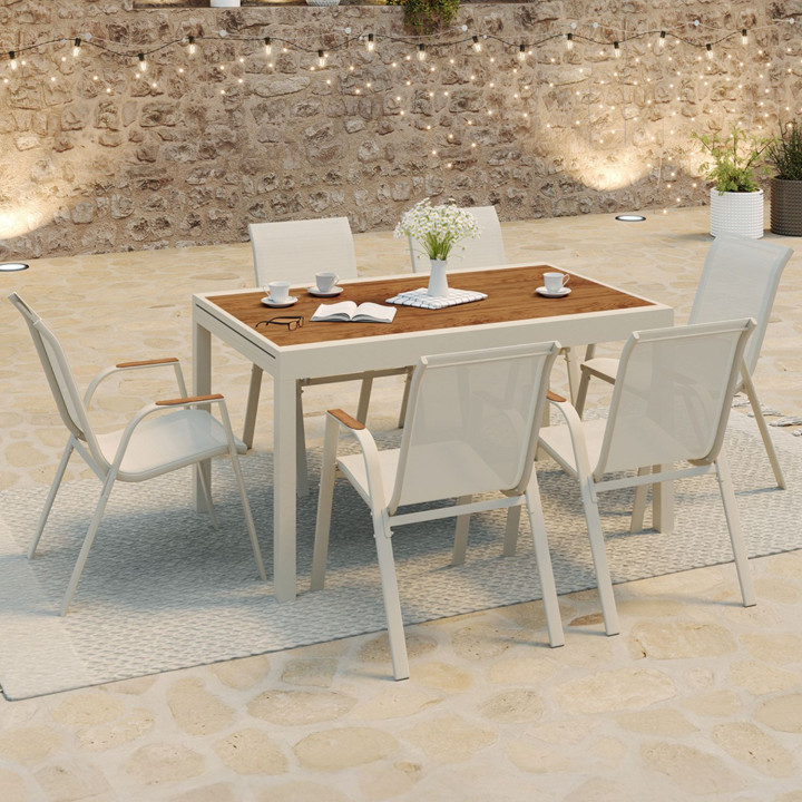 Set di mobili da giardino - tavolo allungabile 135/270 cm con piano in vetro temperato effetto legno e 12 sedie impilabili beige