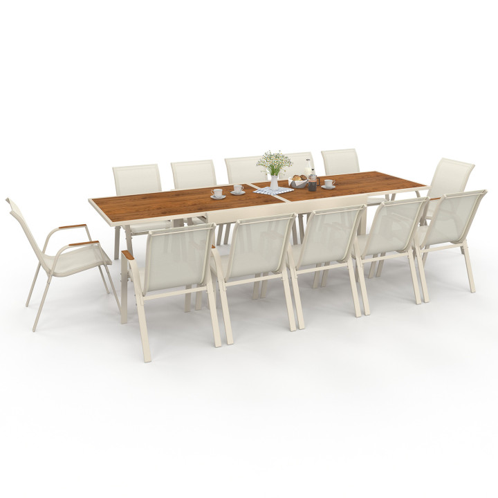 Set di mobili da giardino - tavolo allungabile 135/270 cm con piano in vetro temperato effetto legno e 12 sedie impilabili beige
