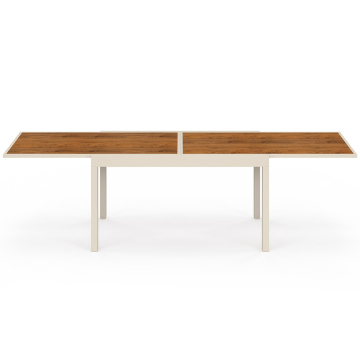 Set di mobili da giardino - tavolo allungabile 135/270 cm con piano in vetro temperato effetto legno e 12 sedie impilabili beige