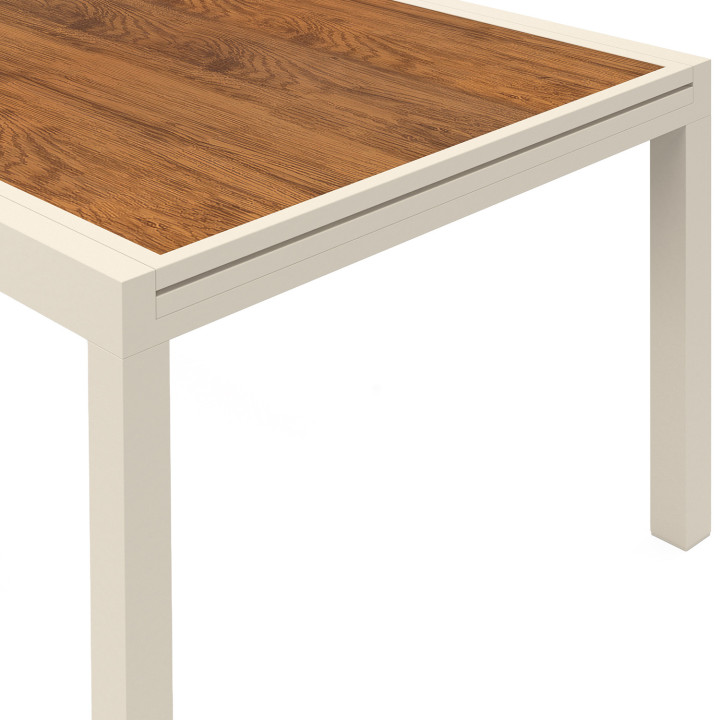 Set di mobili da giardino - tavolo allungabile 135/270 cm con piano in vetro temperato effetto legno e 12 sedie impilabili beige