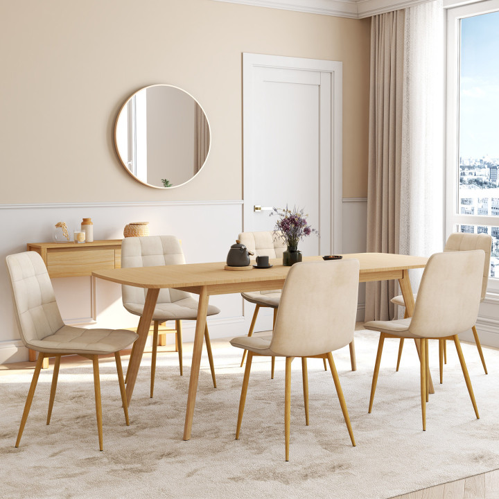 Set di 6 sedie da pranzo in velluto beige con gambe effetto legno - MILA | IdMarket