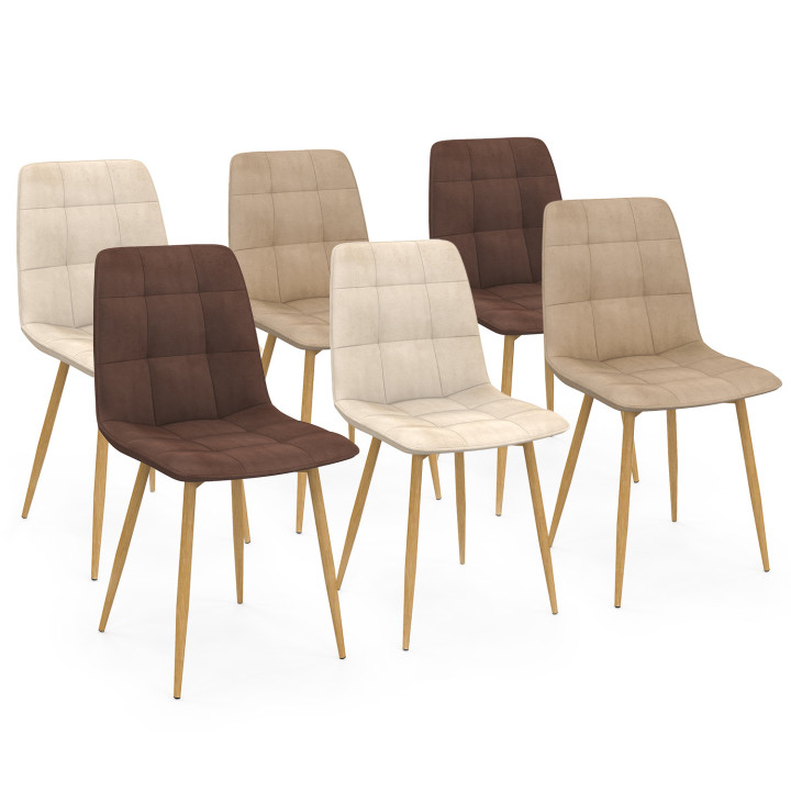Set di 6 sedie da pranzo in velluto di colore misto taupe x2, beige x2, marrone x2 con gambe effetto legno