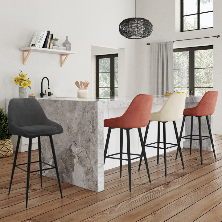 Set di 4 sgabelli da bar THALYA in velluto misto grigio scuro, terracotta x2, beige con mezzi braccioli