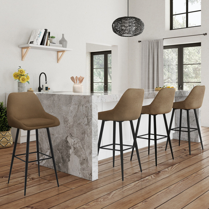 Set di 4 sgabelli da bar THALYA in velluto a coste color tortora con mezzi braccioli