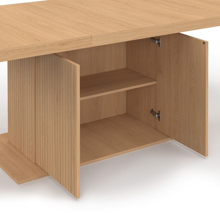 Tavolo da pranzo rettangolare allungabile 8-12 persone con gamba centrale a doghe e contenitore 200-250 cm - JULIETTE | IdMarket