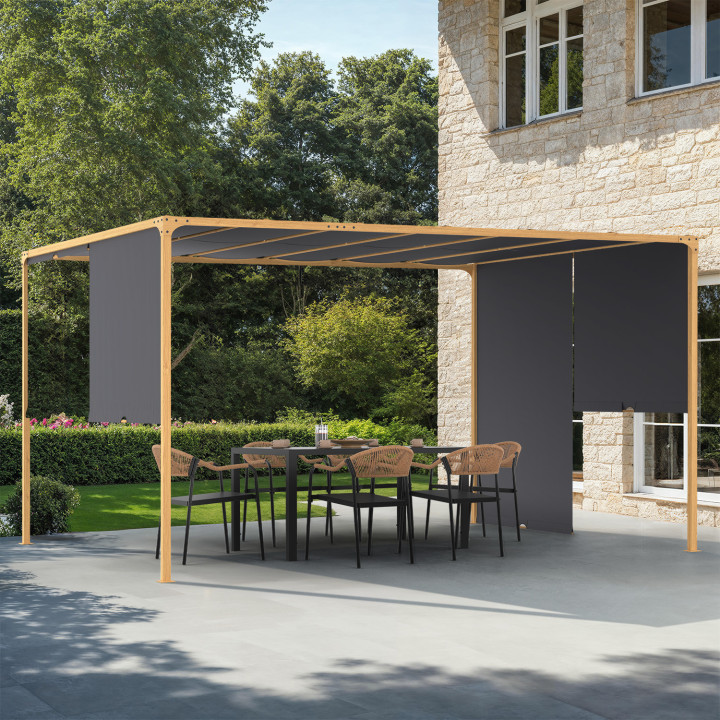 Pergola scorrevole a 2 lati 3x4 M gazebo da giardino effetto legno tessuto grigio antracite
