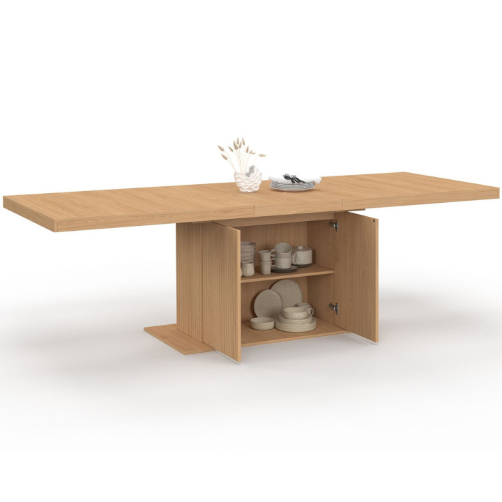 Tavolo da pranzo rettangolare allungabile 8-12 persone con gamba centrale a doghe e contenitore 200-250 cm - JULIETTE | IdMarket