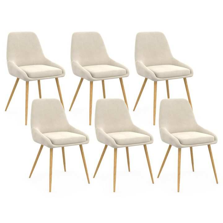 Set di 6 sedie da pranzo in velluto beige con gambe e braccioli effetto legno - THALYA | IdMarket