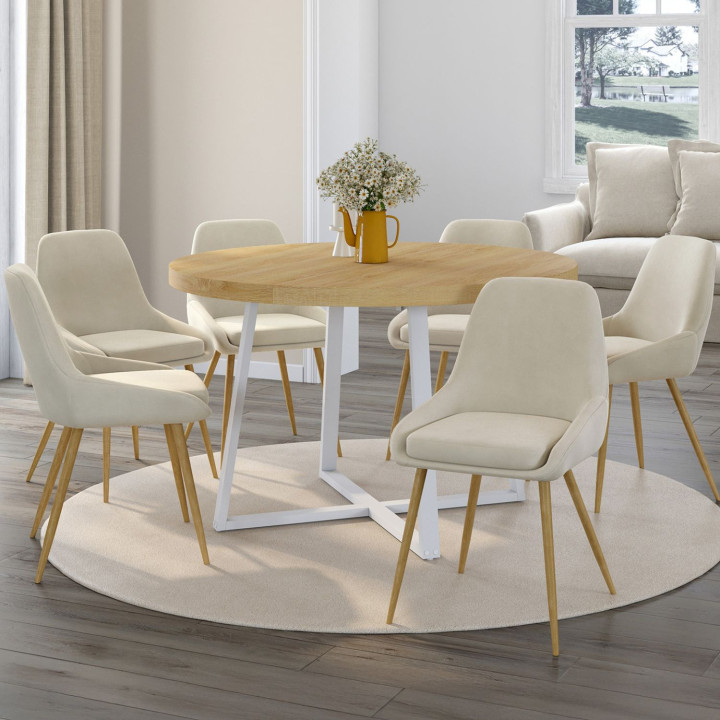 Set di 6 sedie da pranzo in velluto beige con gambe e braccioli effetto legno - THALYA | IdMarket