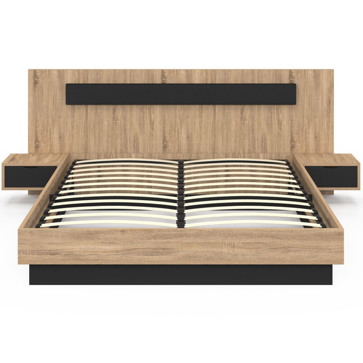 Letto matrimoniale con testiera + comodini integrati e base 160 x 200 cm in legno e nero - SANTA | IdMarket