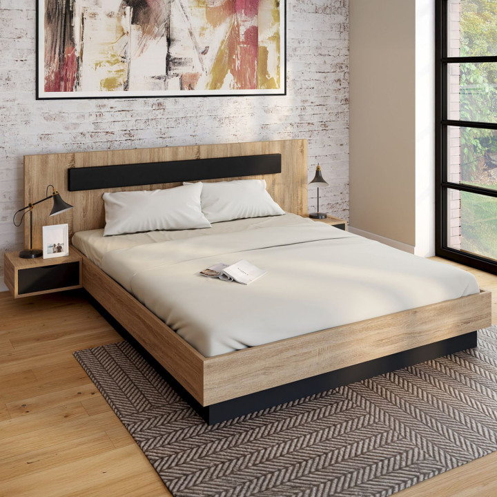 Letto matrimoniale con testiera + comodini integrati e base 160 x 200 cm in legno e nero - SANTA | IdMarket