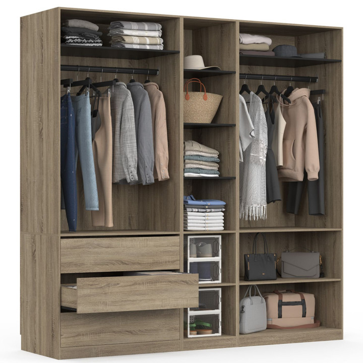 Armadio componibile 200 cm 3 moduli con armadi, ripiani e cassetti, faggio e nero - TAYLOR | IdMarket