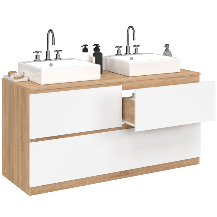 Mobile lavabo doppio 120 cm 4 cassetti finitura faggio e bianco
