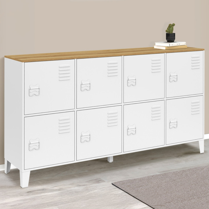Comò a 8 ante 139 cm in metallo bianco con piano in legno dal design industriale - ESTER | IdMarket