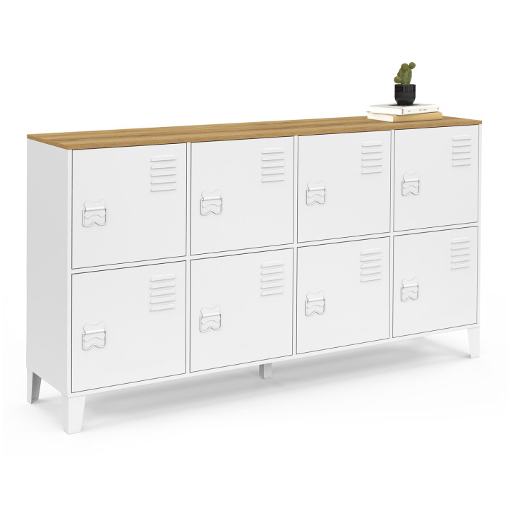 Comò a 8 ante 139 cm in metallo bianco con piano in legno dal design industriale - ESTER | IdMarket