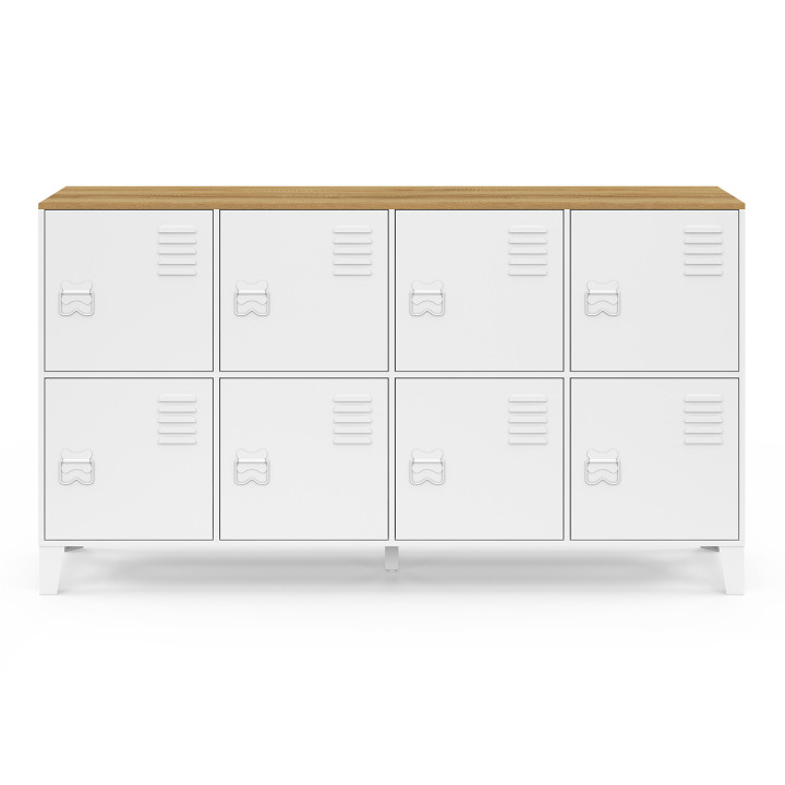 Comò a 8 ante 139 cm in metallo bianco con piano in legno dal design industriale - ESTER | IdMarket