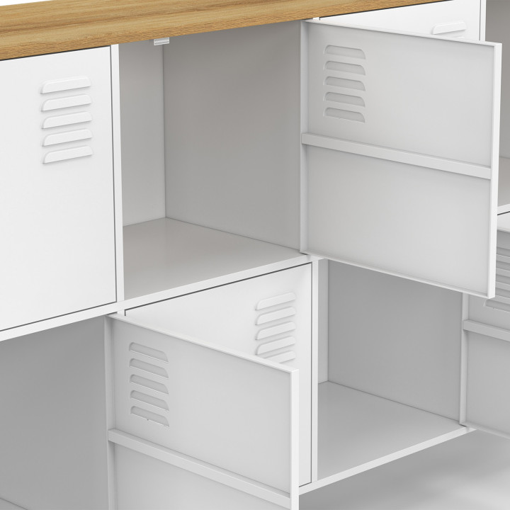 Comò a 8 ante 139 cm in metallo bianco con piano in legno dal design industriale - ESTER | IdMarket