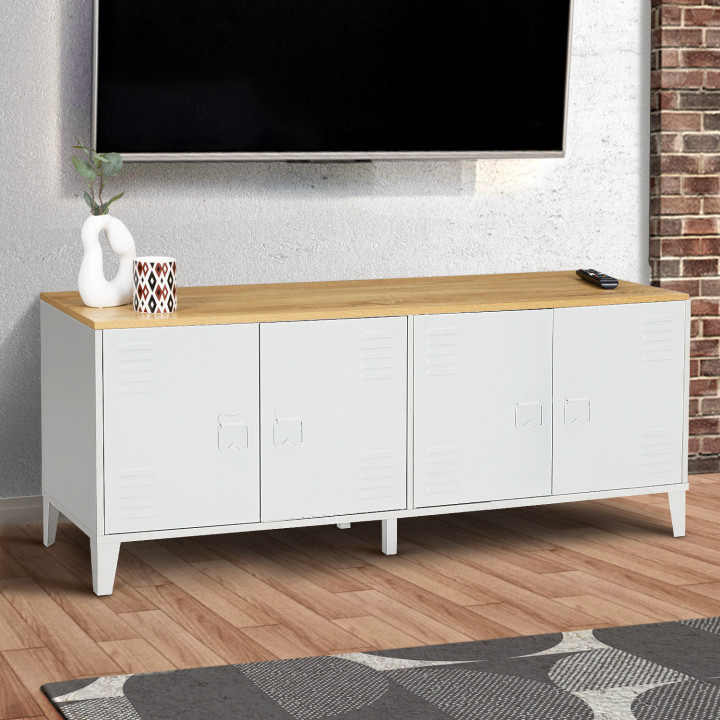 Credenza bassa industriale con 4 ante in metallo bianco e piano in legno - ESTER | ID Market