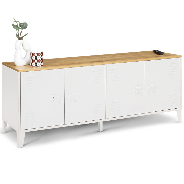 Credenza bassa industriale con 4 ante in metallo bianco e piano in legno - ESTER | ID Market