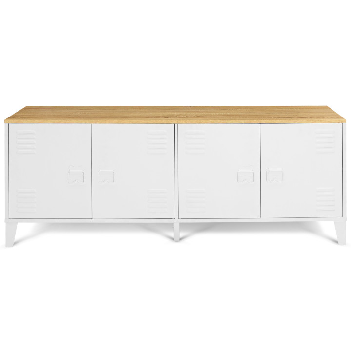 Credenza bassa industriale con 4 ante in metallo bianco e piano in legno - ESTER | ID Market