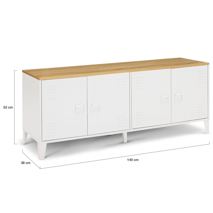 Credenza bassa industriale con 4 ante in metallo bianco e piano in legno - ESTER | ID Market