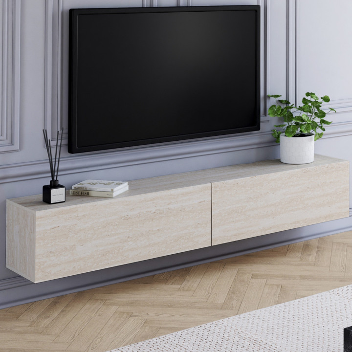 Mobile TV sospeso da 180 cm con 2 ante in legno effetto travertino - ELIO | IdMarket