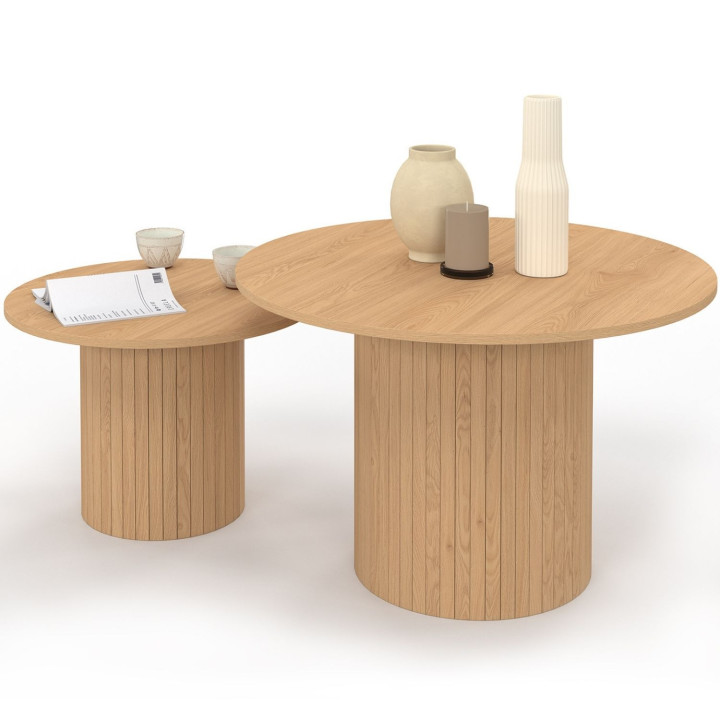 Set di 2 tavolini rotondi 50/70 con doghe in rovere - JULIETTE | IdMarket