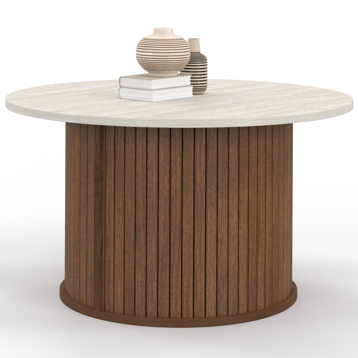 Tavolino rotondo JULIETTE da 70 cm con doghe effetto noce e piano in travertino