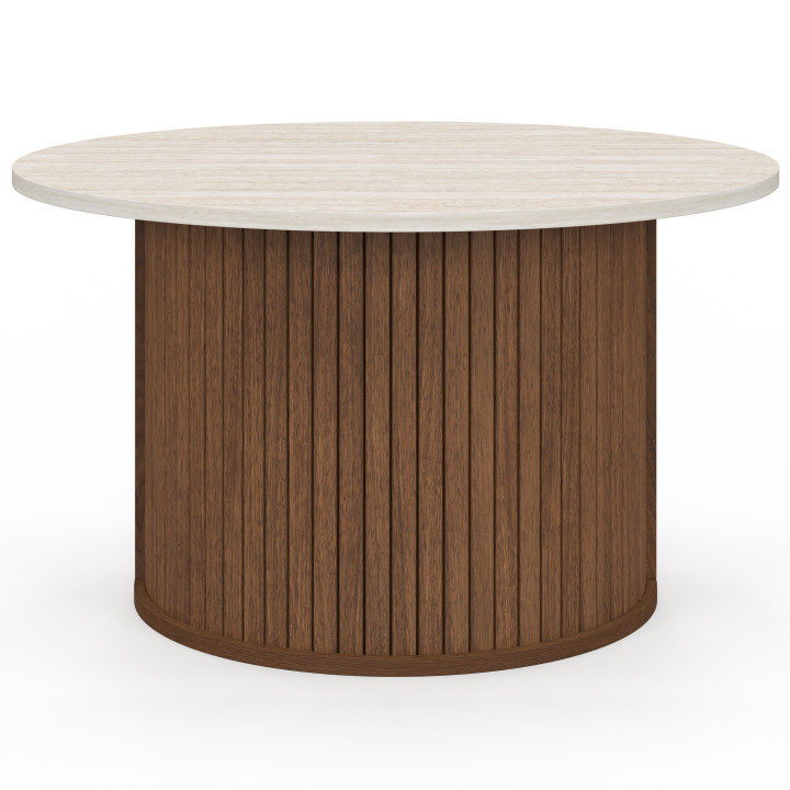 Tavolino rotondo JULIETTE da 70 cm con doghe effetto noce e piano in travertino