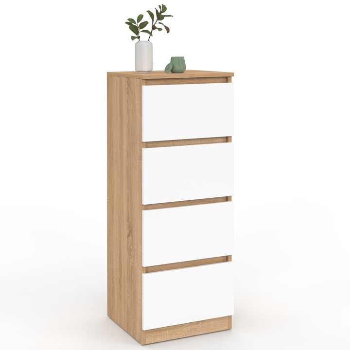 Mobile laterale a 4 cassetti da 30 cm in faggio e chiffoniera bianca per ingresso bagno