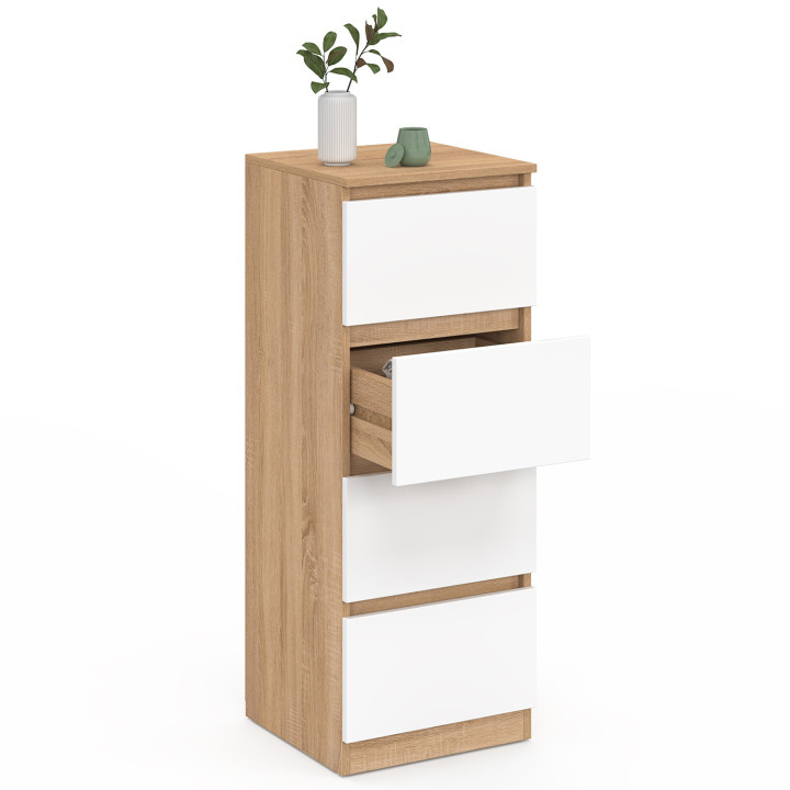 Mobile laterale a 4 cassetti da 30 cm in faggio e chiffoniera bianca per ingresso bagno