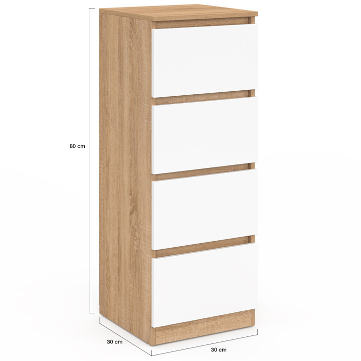 Mobile laterale a 4 cassetti da 30 cm in faggio e chiffoniera bianca per ingresso bagno