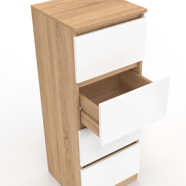 Mobile laterale a 4 cassetti da 30 cm in faggio e chiffoniera bianca per ingresso bagno