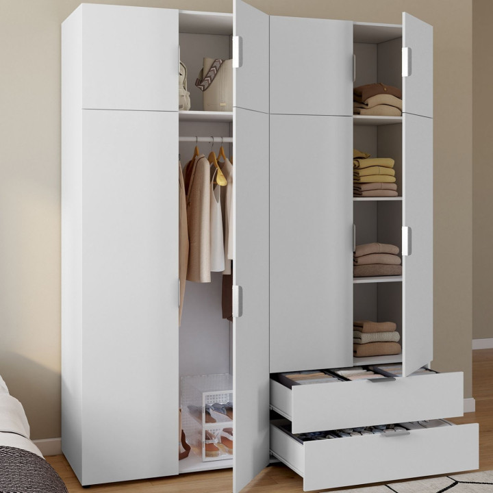 Armadio bianco a 4 ante da 160 cm con 2 pensili e 2 cassetti