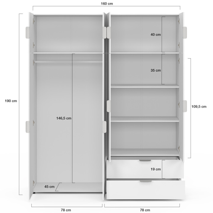 Armadio bianco a 4 ante da 160 cm con 2 pensili e 2 cassetti