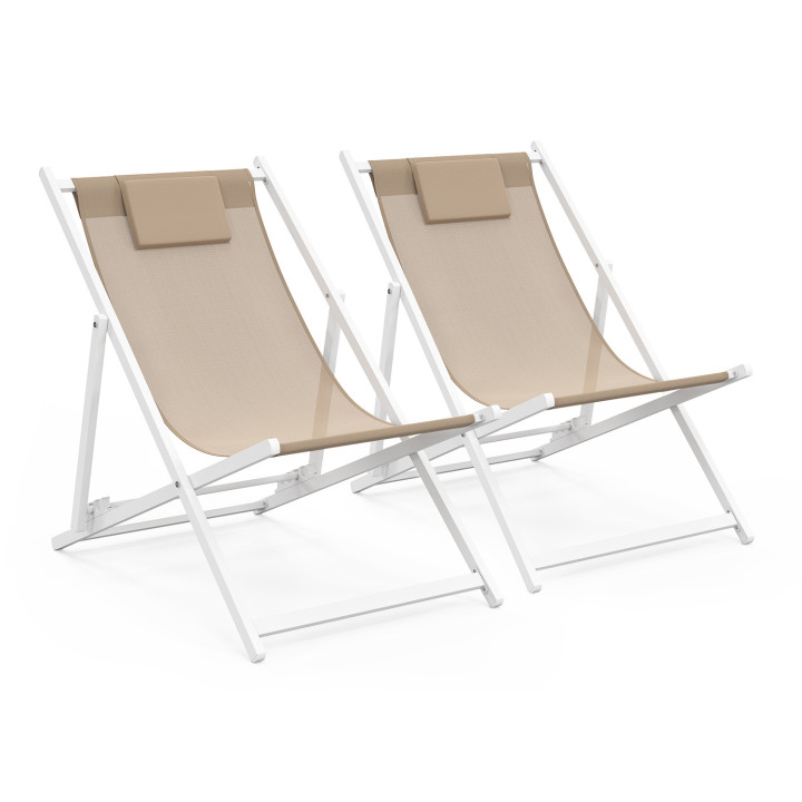Set di 2 chiliennes in metallo bianco con tessuto textilene beige - LOTA | IdMarket