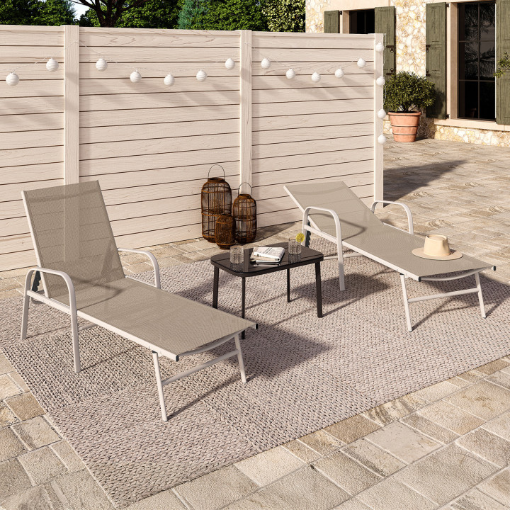 Set di 2 lettini da giardino reclinabili in acciaio bianco e tessuto beige - FIDJI | IdMarket