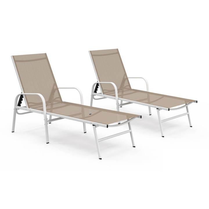 Set di 2 lettini da giardino reclinabili in acciaio bianco e tessuto beige - FIDJI | IdMarket
