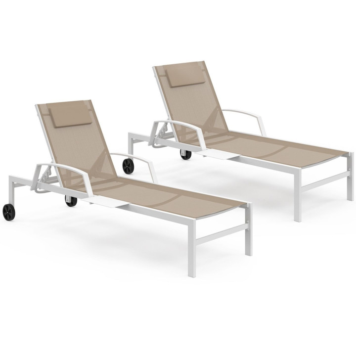 Set di 2 lettini da giardino reclinabili con ripiani in acciaio bianco e tessuto beige - JAVA | IdMarket
