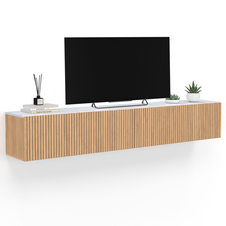 Mobile TV sospeso da 180 cm con piano effetto marmo e doghe in legno color rovere