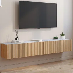 Mobile TV sospeso da 180 cm con piano effetto marmo e doghe in legno color rovere