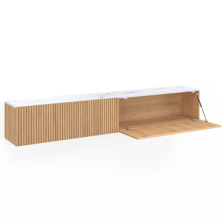 Mobile TV sospeso da 180 cm con piano effetto marmo e doghe in legno color rovere