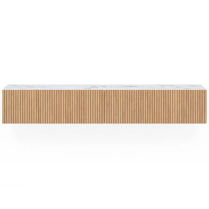 Mobile TV sospeso da 180 cm con piano effetto marmo e doghe in legno color rovere