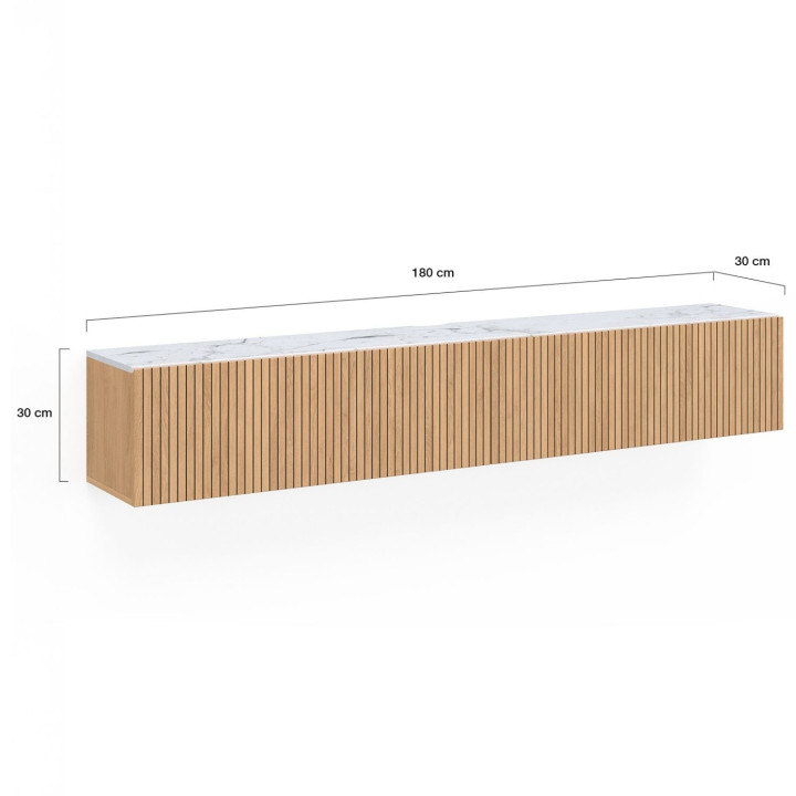 Mobile TV sospeso da 180 cm con piano effetto marmo e doghe in legno color rovere