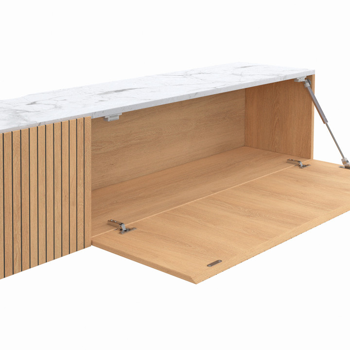 Mobile TV sospeso da 180 cm con piano effetto marmo e doghe in legno color rovere