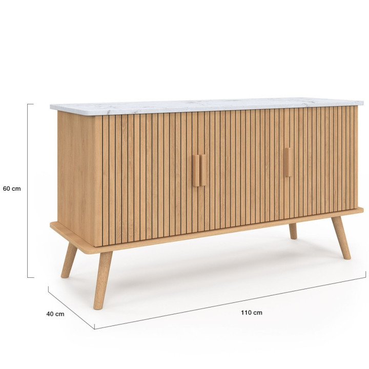 Credenza bassa da 110 cm con piano effetto marmo e 3 ante a doghe color rovere - JULIETTE | IdMarket